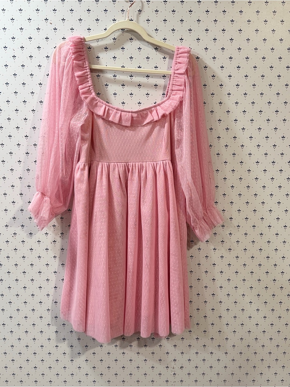 Entro Pink Swiss Dot Ruffle Puff Sleeve Babydoll Mini Dress - Size L